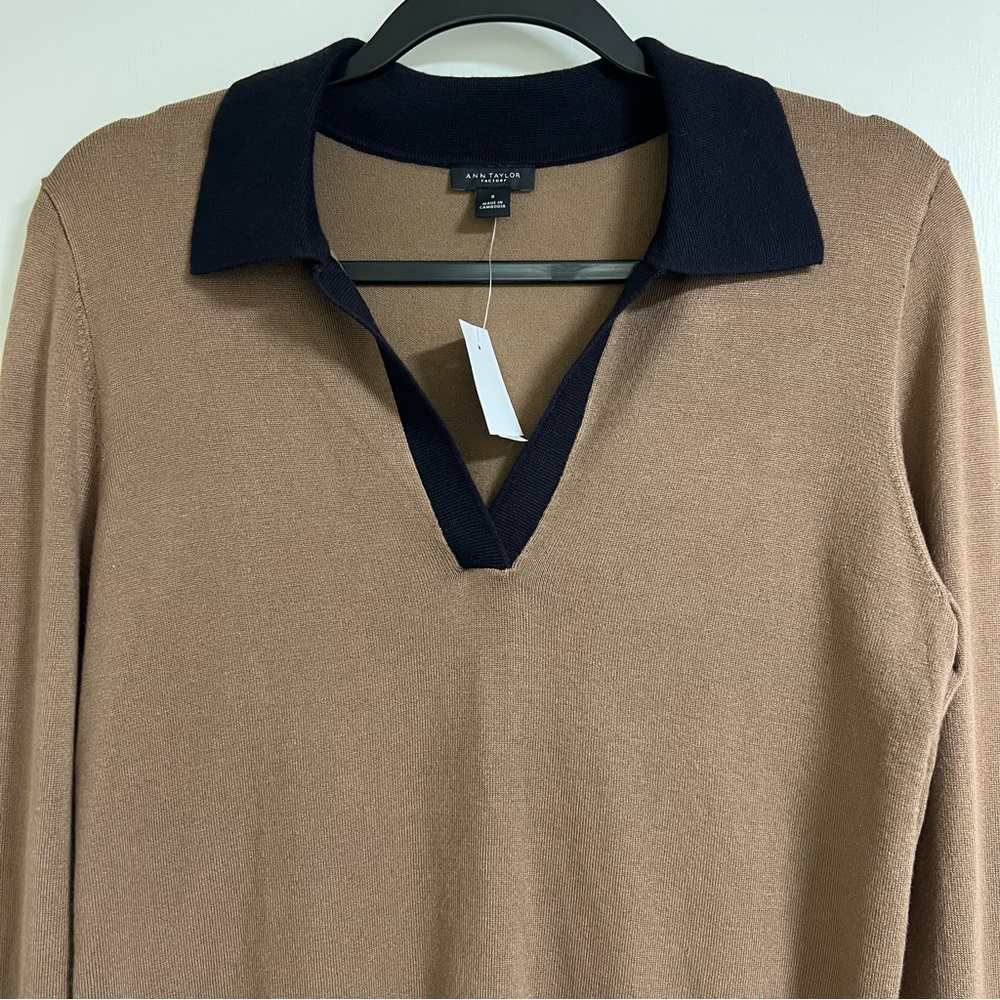 ANN TAYLOR Brown‎ Long Sleeve Sweater with Black Collar, S - Picture 3 of 10